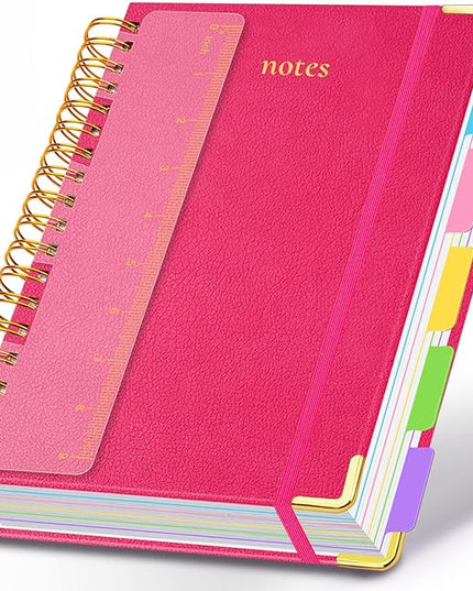 Hardcover Spiral Notebook 8"x10" Journal Notebook with Tabs and Removable Dividers 300 Pages 5 Subject Notebook College Ruled, Faux Leather Spiral Bound Notebook for Women School Work (Rose Red)