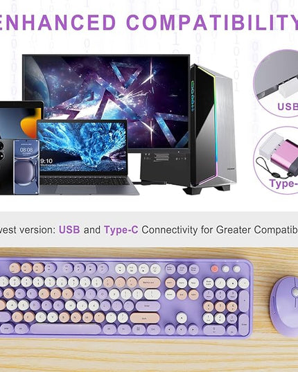Wireless Keyboard and Mouse Combo, Ergonomic Full Size Typewriter Retro Round Keycaps Keyboard, Compatible with Windows, PC, Perfer for Home and Office Keyboards (Purple
