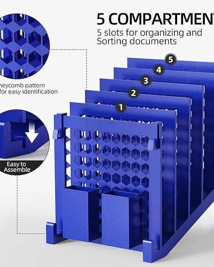 File Organizer for Desk with Storage Box & Hook, Inclined Desk File Organizer with 5-Section Vertical File Holder suitable for Home Office Document Organization