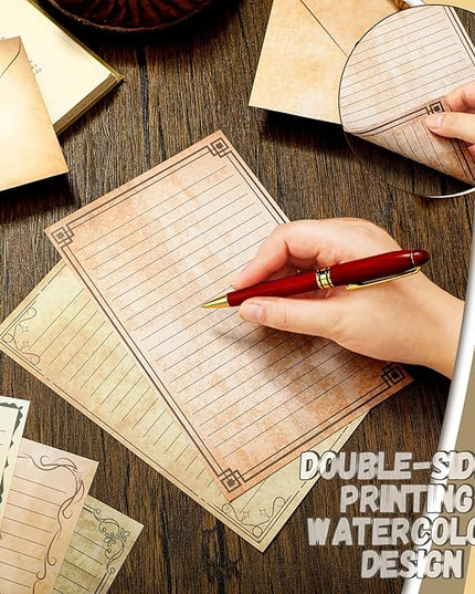 TaoBary 160 Pcs Stationery Paper Set 50 Double Sided Stationery Papers with 50 Matching Envelopes and 60 Round Dot Sticker, 10 Design(Vintage,5.5 x 8.25 Inch)