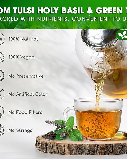 FreshDrinkUS, Premium 75 Tulsi Green Tea Bags, 100% Natural, Blend of Tulsi Holy Basil Leaves, and Green Tea Leaves. Made with Natural Material Tea Bags. No Sugar, Vegan.