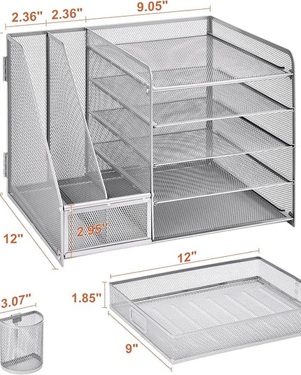 Marbrasse Desk Organizer with File Holder, 5-Tier Paper Letter Tray Organizer with Drawer and 2 Pen Holder, Mesh Desktop Organizer and Storage with Magazine Holder for Office Supplies (Silver)