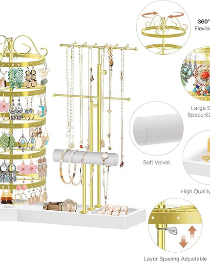 Jewelry Earring Holder Organizer, Adjustable 5 Tiers Rotating Earring Holder 3 Tier Necklace Holder with Wooden Base, Multi-Functional Jewelry Organizer Display Stand for Studs Bracelet Women(Gold)