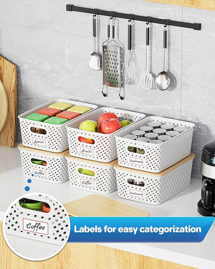 8 Packs Plastic Storage Bins with Bamboo Lids - Stackable Storage Bins Decorative Small Basket Containers for Organizing Shelves Office Classroom Desktop Closet, Cream White