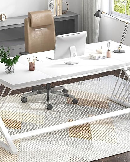 FOLUBAN 70.9" Modern Computer Desk with Z-Shaped Legs, Industrial Executive Home Office Desk for 2 Person, Large Writing Study Table for Bedroom, Gaming Workstation, White