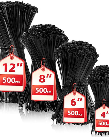 Zip Ties Assorted Sizes(4”+6”+8”+12”), 2000 Pack,Black Cable Ties,Multi-Purpose Self-Locking Nylon Cable Cord Management,Plastic Wire Ties for indoor and outdoor use.