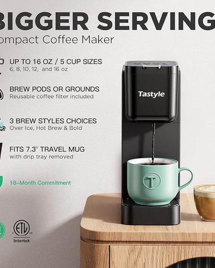 Single Serve Coffee Maker Hot and Iced with Bold Brew, Small Coffee Machine for K Cup and Ground, Fits 7.3'' Travel Mug, Brews up to 16 Oz, 5 Cup Sizes, for Office, RV& Hotel, Elegant Black