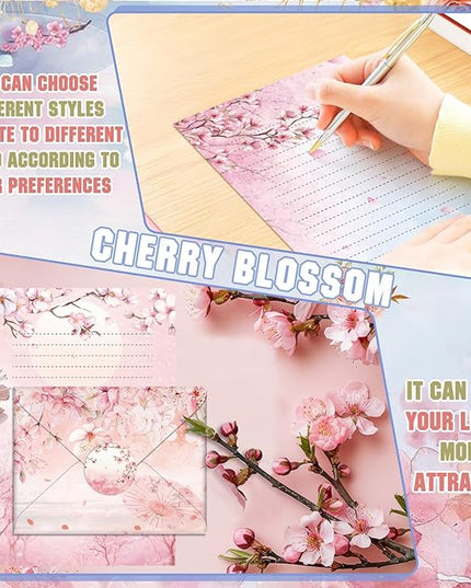 TaoBary 160 Pcs Stationery Paper Set 50 Double Sided Stationery Papers with 50 Matching Envelopes and 60 Round Dot Sticker, 10 Design(Cherry Blossom,5.5 x 8.25 Inch)