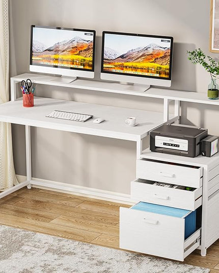 Tribesigns 63 Inch Computer Desk with File Drawer Cabinet, Ergonomic Office Desk with Monitor Stand, Computer Table with Printer Space, Wood PC Table Workstation Desk for Home Office, White