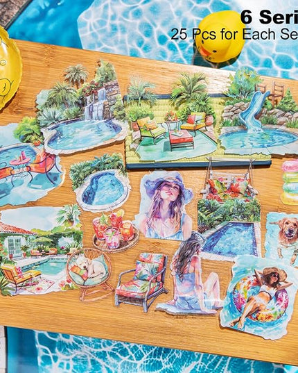 AuriicLeaf Travel PET Stickers, 150 Pcs Summer Holiday Ephemera for Scrapbooking, Journaling, DIY Crafts, and Art Supplies