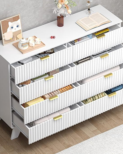 BORNOON Fluted 8 Drawer Tall Dresser, 47.2" Wide Modern Boho Chest of Drawers, Wooden Storage Dresser TV Stand for Bedroom, Living Room, Closet, Hallway, Curved Profile Design