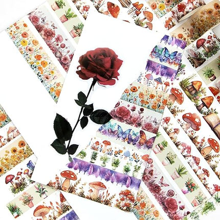 KOVANO Washi Tape Set 13 Rolls - Mushroom Butterfly Floral Decorative Tape, Colored Masking Tape for Scrapbooking Supplies, Bullet Journal Supplies, Junk Journal, DIY Crafts Art