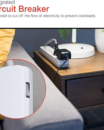 GE UltraPro 6 Outlet Surge Protector, 2 Ft Designer Braided Extension Cord, Flat Plug, Wall Mount, White, 45264