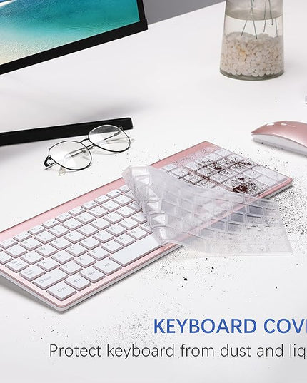 Wireless Keyboard and Mouse Ultra Slim Combo, TopMate 2.4G Silent Compact USB 2400DPI Mouse and Scissor Switch Keyboard Set with Cover, Batteries Included, for PC/Laptop/Windows/Mac - Rose Gold White