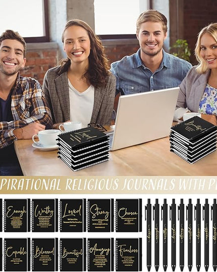 Kosiz Inspirational Valentines Christian Gifts Bulk A6 Notebook Prayer Journal with Pens Spiral Journal Religious Gift for Women Men Church Bible Study Group Teacher Coworker(48 Sets,Black)