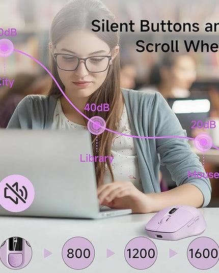 EWEADN Q1 Wireless Mouse, BT & 2.4G Silent Mouse Quiet Click with 1600 DPI Levels, Battery & DPI LED Screen Display, 6 Button Small Portable Bluetooth Mouse for Laptop/PC/Mac-Purple