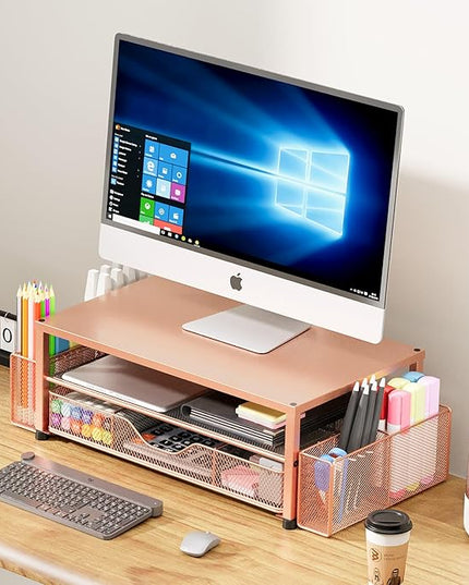 OPNICE Desk Organizers and Accessories, 2-Tier Computer Monitor Stand with Drawer and 2 Pen Holders, Laptop Stand, Office Desk Accessories for Office Supplies, Rose Gold