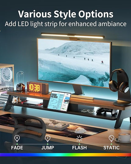 Dual Monitor Stand Riser,LED 2-Tier 39.3 Inch Computer Monitor Stand for 2 Monitors,Office Desktop Organizer with Storage Drawer and Phone Holder for Laptop,PC,Computer,Printer,Walnut