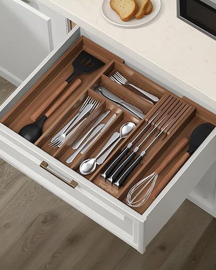 Bamboo-Silverware-Drawer-Organizer-Kitchen, Expandable Utensil Holder Cutlery Tray Flatware Organization Adjustable Wood Tableware Dividers Storage (with Removable Knife Block)(Brown)
