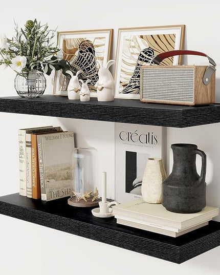 Black Floating Shelves 36 Inch Long, 12 Inch Deep Floating Shelves for Wall, 36 x 12 Shelves for Wall Storage & Display, 2" Thick Floating Shelf for Bathroom, Living Room, Bedroom, Set of 2