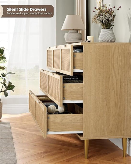Garvee Rattan Dresser with 7 Drawers, Tall Modern Closet with Deep Storage, Large Chest of Drawers with Wide Top, Long Wooden Dresser for Bedroom, Living Room, Hallway, Kids Room, Natural