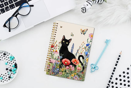 Moody Black Cat Spiral Notebook Journal 5.5x8.3, Wildflower Butterfly Black Kitten Journal, Cat Lover Mom Lady Gifts for Women Girls, Colorful Flower Pet Journaling Notebooks