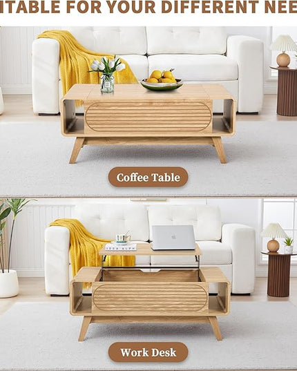 Small Lift Top Coffee Table with Hidden Compartment, Mid Century Modern Curved Coffee Table with Storage Shelf, Wooden Rectangle Center Table with Lift Tabletop for Living Room, Office (Natural)
