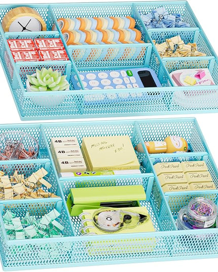 Marbrasse 2 Pack Desk Drawer Organizer, Mesh Drawer Organizer Tray with 8 Adjustable Compartments, Desk Organizers and Accessories, 5 Dividers Drawer for Office Supplies, Makeup & Vanity (Blue)