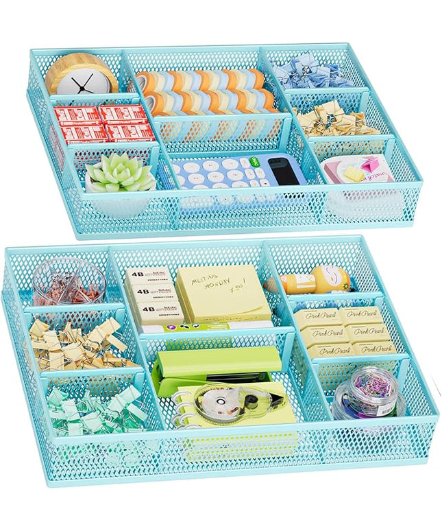 Marbrasse 2 Pack Desk Drawer Organizer, Mesh Drawer Organizer Tray with 8 Adjustable Compartments, Desk Organizers and Accessories, 5 Dividers Drawer for Office Supplies, Makeup & Vanity (Blue)