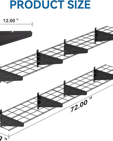 2-Pack 1x6ft Garage Wall Shelving, 12"x72" Shelf Storage Rack Floating Shelves Wall Mounted, Heavy Duty Storage Shelves, 800lbs Load Capacity, with 16 Hooks for Garage Organization, Black