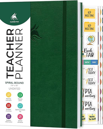 Clever Fox Teacher Planner Spiral – School Year Planner with Calendars & Lesson Plans – Teacher Plan Book for Classroom & Homeschool Organization - Undated, 7.9x10″ (Dark Green)