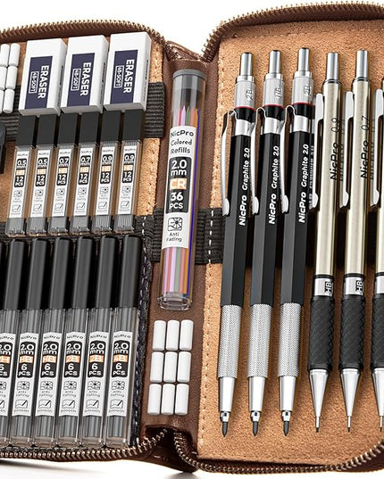 Nicpro 30PCS Art Mechanical Pencil Set in Leather Case, Metal Drafting Pencil 0.5 mm, 0.7 mm, 0.9 mm & 3 PCS 2mm Lead Holders for Sketching Drawing With 16 Tube (6B 4B 2B HB 2H 4H Colors) Lead Refills