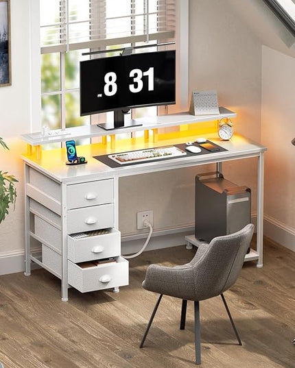 Furologee 47" White Computer Desk with 4 Fabric Drawers & Monitor Stand, Gaming Desk with Power Outlets - LED Lights, Home Office Space-Saving Study Table for Bedroom Small Spaces