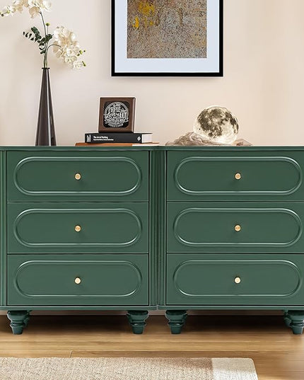 3 Drawer Fluted Dresser for Bedroom Set of 2, Mid Century Modern Chest of Drawers, Wood Storage Small Dresser Organizer for Bedroom Living Room Hallway Closet, Green