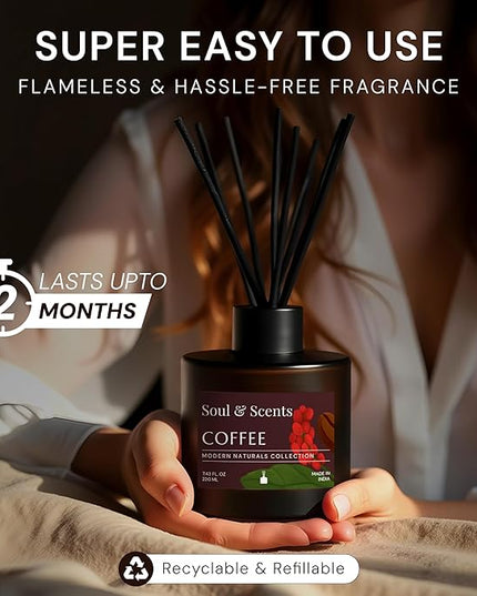 Soul & Scents Reed Diffuser Set – Coffee | 7.43 oz Refillable Scented Oil with 6 Fiber Sticks | Long-Lasting Home Fragrance & Air Freshener for Bedroom, Bathroom, Office | Gift & Décor Piece