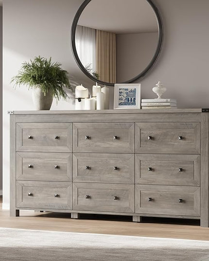BORNOON 9-Drawer Dresser, Modern Wooden Storage Chest of Drawers, Dresser TV Stand, Wood Drawer Organizer with Metal Handles for Bedroom, Living Room, Hallway