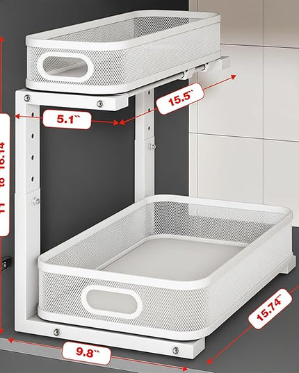 2 Pack Under Sink Organizer, Dual-Layer Pull Out Mesh Cabinet Rack with 5-Level Height Adjustment, Rust-Resistant Sliding Storage for Bathroom & Kitchen, Multi-Purpose 2-Tier Shelf