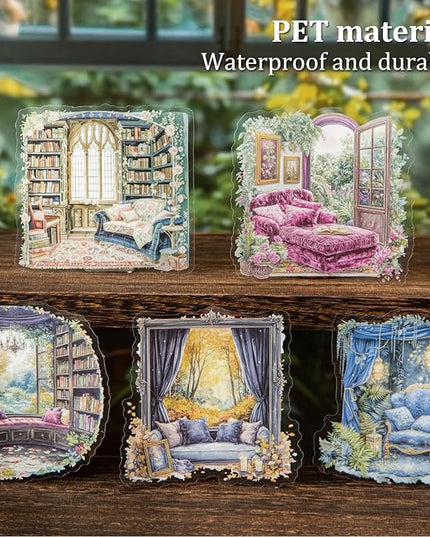 AuriicLeaf Window Reading Corner PET Sticker Set, 60PCS Cozy Room Scene Stickers for Scrapbooking, Journaling, DIY Crafts and Gift Decoration