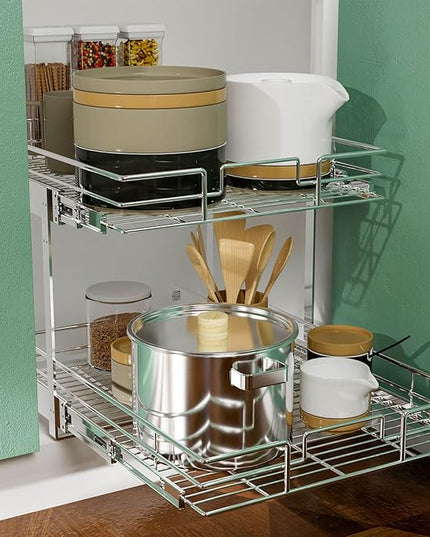 LOVMOR 2 Tier Individual Pull Out Cabinet Organizer 10½" W x 21½" D, Slide Out Kitchen Cabinet Storage Sliding Shelves