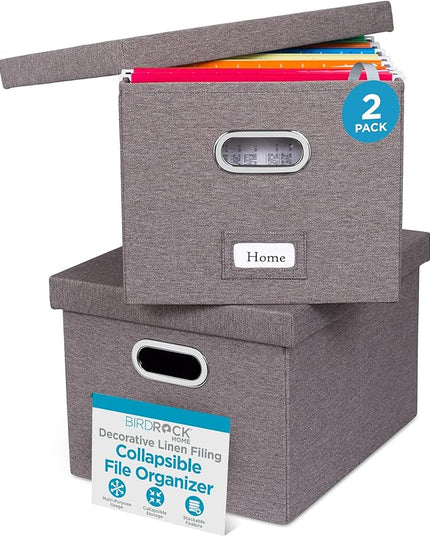 Internet's Best Collapsible File Storage Organizer with Lid - Decorative Linen Filing & Storage Office Box – Hanging Letter/Legal Folder – Home Office Bins Cabinet – Grey Container - 2 Pack