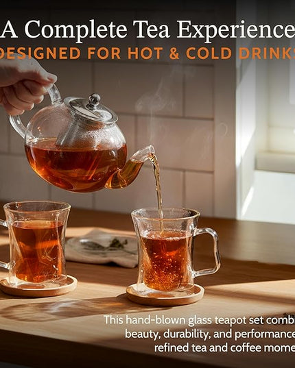 James Bentley Glass Coffee and Tea Set – Borosilicate Glass Teapot Set for Adults with 40oz Teapot & 4 Insulated Glasses, Stainless Steel Strainer for Bags and Loose Tea– Microwave, Dishwasher Safe