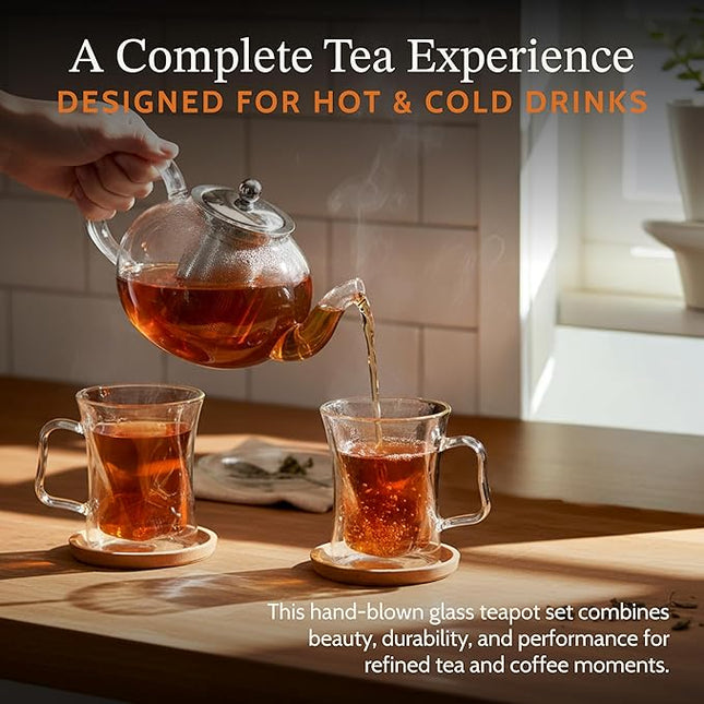 James Bentley Glass Coffee and Tea Set – Borosilicate Glass Teapot Set for Adults with 40oz Teapot & 4 Insulated Glasses, Stainless Steel Strainer for Bags and Loose Tea– Microwave, Dishwasher Safe