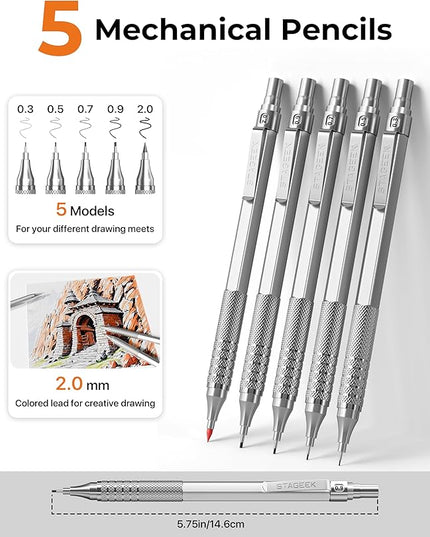 STAGEEK Metal Mechanical Pencil Set in Leather Case, 5PCS Art Drafting Pencil 0.3, 0.5, 0.7, 0.9 & 2mm Lead Holder, 9 Tube (4B 2B HB 2H Colors) Lead Refills for Drawing, Sketching, Writing (Silver)