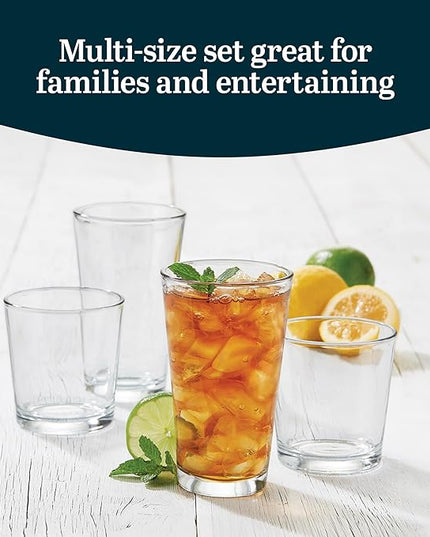 Libbey Flare Rocks, Glass Tumbler Set, Stylish Lead-Free Drinking Glasses Set of 16, Dishwasher-Safe Glass Cups Set for Daily Use and Parties