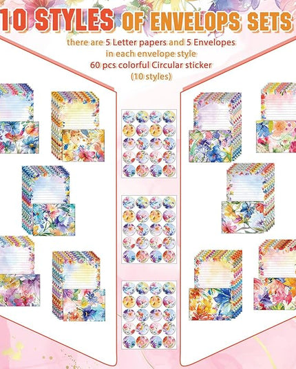 TaoBary 160 Pcs Stationery Paper Set 50 Double Sided Stationery Papers with 50 Matching Envelopes and 60 Round Dot Sticker, 10 Design(Bright Floral,5.5 x 8.25 Inch)