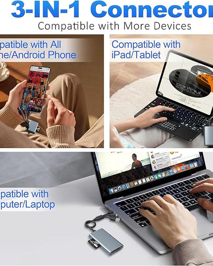 4-in-1 Metal Memory Stick Pro Duo Adapter, Triple Interface Lightning/USB-C/USB-A Card Reader for SD/Micro SD/MS/xD-Picture Card, High-Speed 480Mbps Photo Video File Transfer for iPhone iPad PC