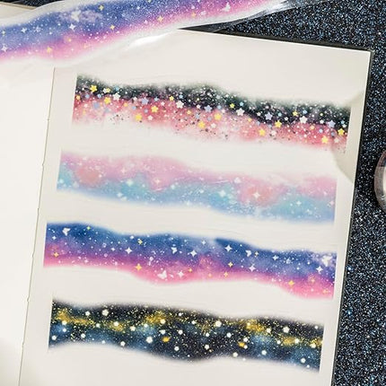 AuriicLeaf Galaxy-Themed Washi Tape Set, 4 Rolls of Decorative Glitter Tapes for Scrapbooking, Junk Journaling, DIY Crafts, and Art Supplies