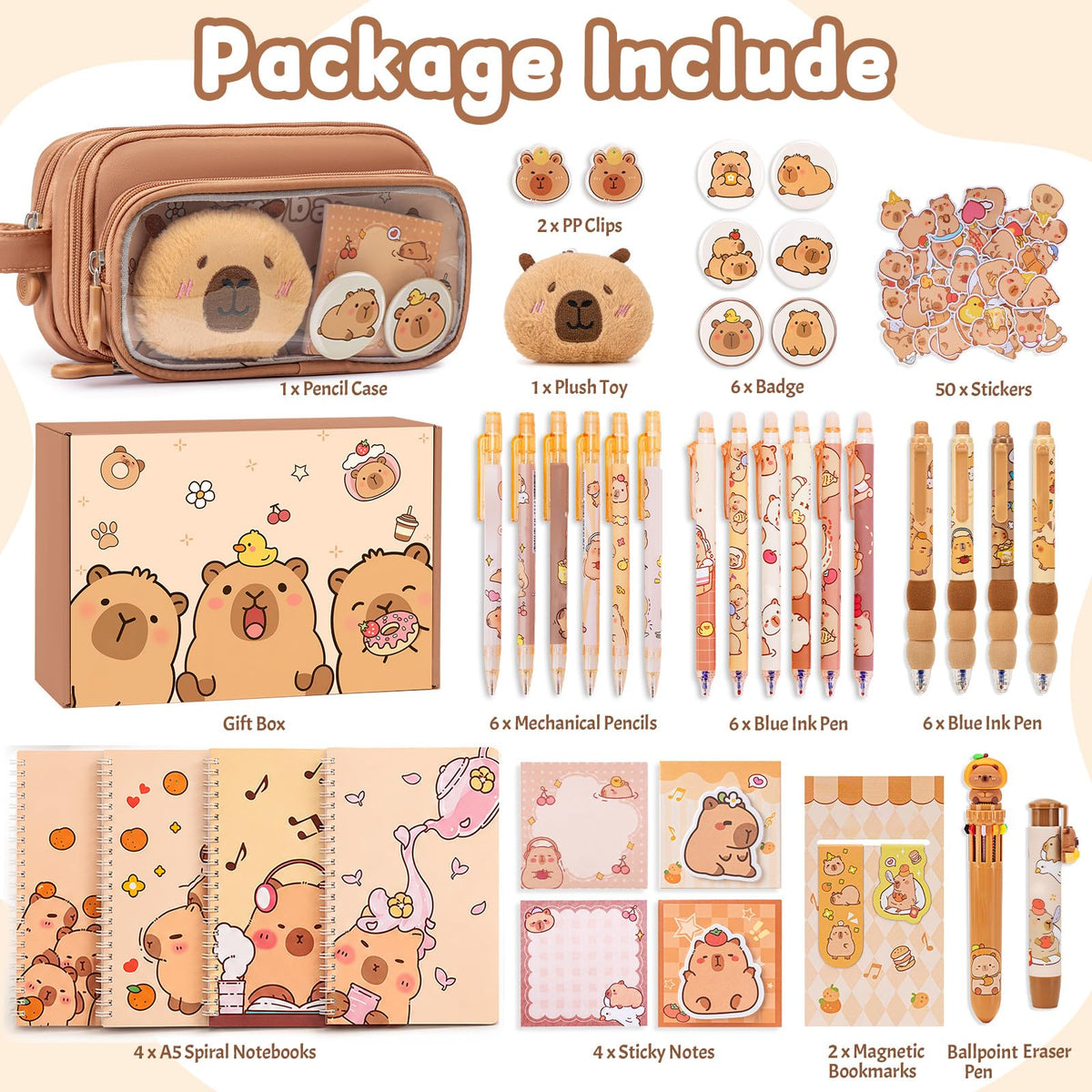 Similove Capybara Stationery Set 92 Pcs, Kawaii Back to School Supply Bundle with Pencil Case, Notebooks, Pens and Stickers, Cute School Supplies for Kids Girls, Kindergarten Elementary Gifts