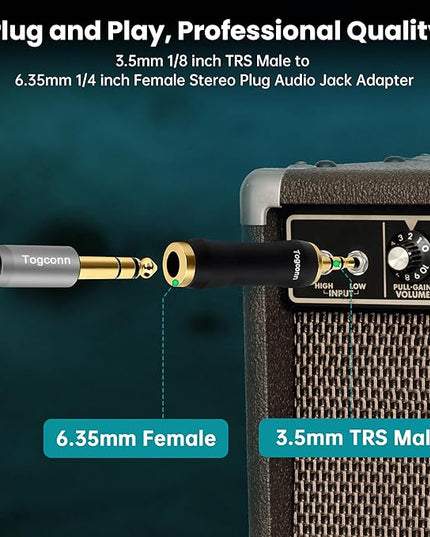 Togconn 1/8 Inch to 1/4 Inch Adapter 2 Pack, 3.5mm TRS Stereo Male to 6.35mm Quarter Inch Female Jack Plug Gold-Plated Pure Copper Audio Converter Connector Premium Quality Series