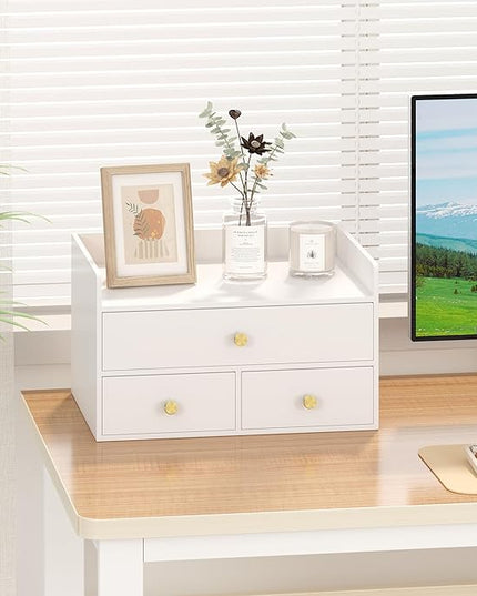 Bamboo Desk Organizer with Drawers Wooden Desktop Storage Drawers for Bills Office Supplies Kitchen Utensils Organizing Tool for Home Classroom Organization No Assembly (3 Drawers, White)